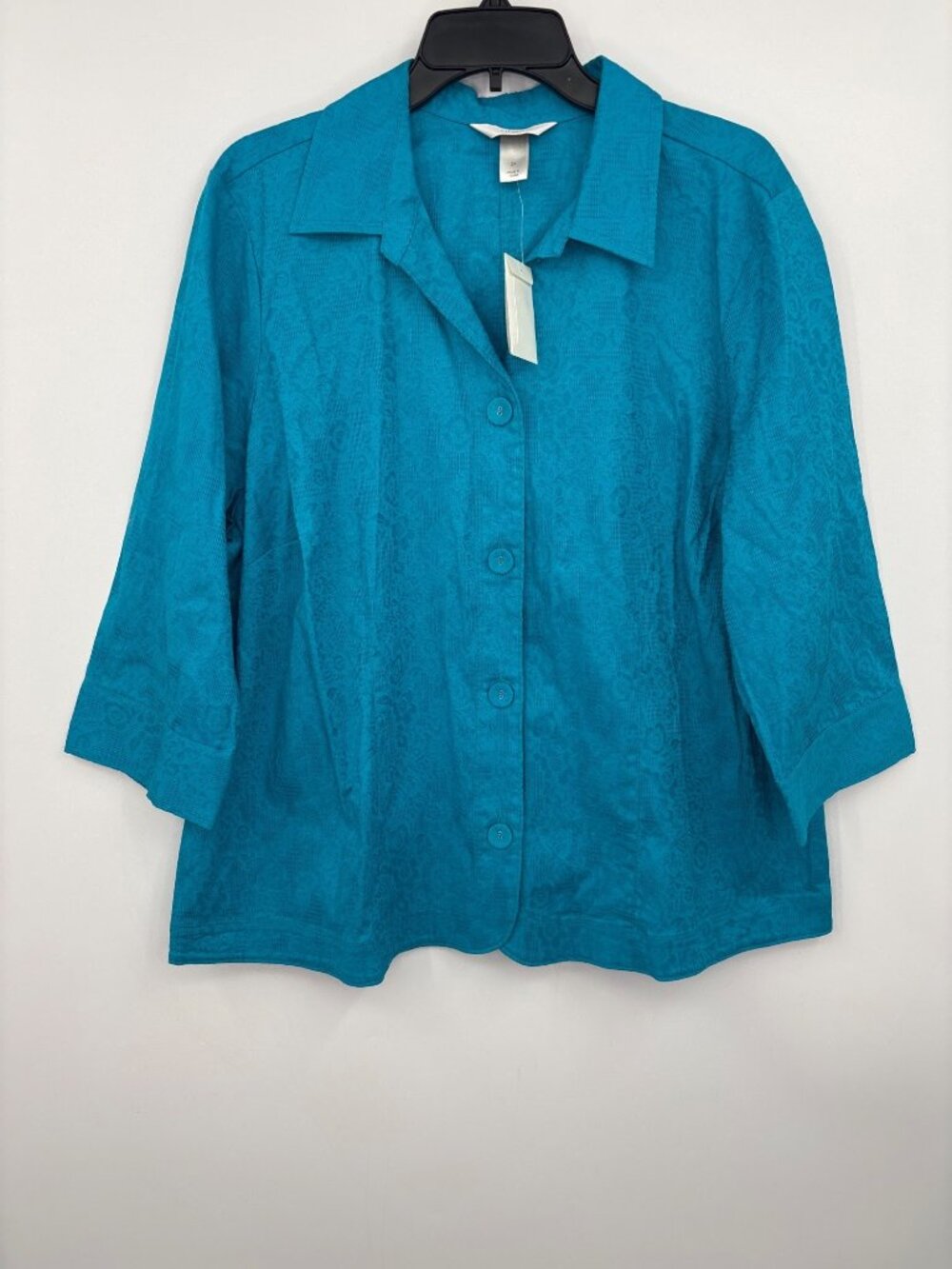 CJ Banks Floral Print Button Shacket 3/4 Sleeve Top Turquoise Blue 2X NEW